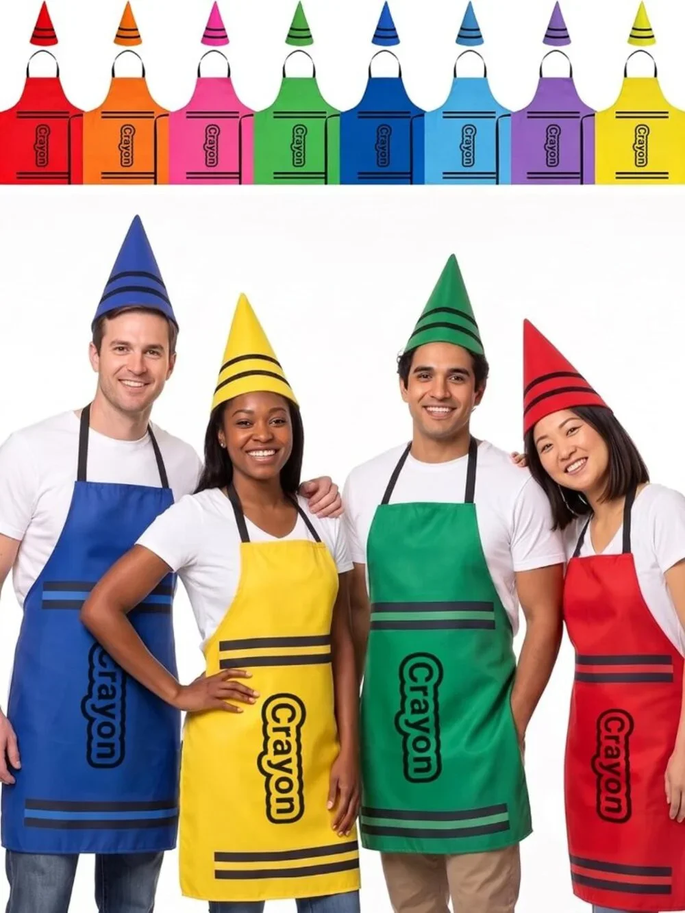 Colorful Adult Crayon Costume with Apron & Gnome Cone Hats - Fun Halloween Group